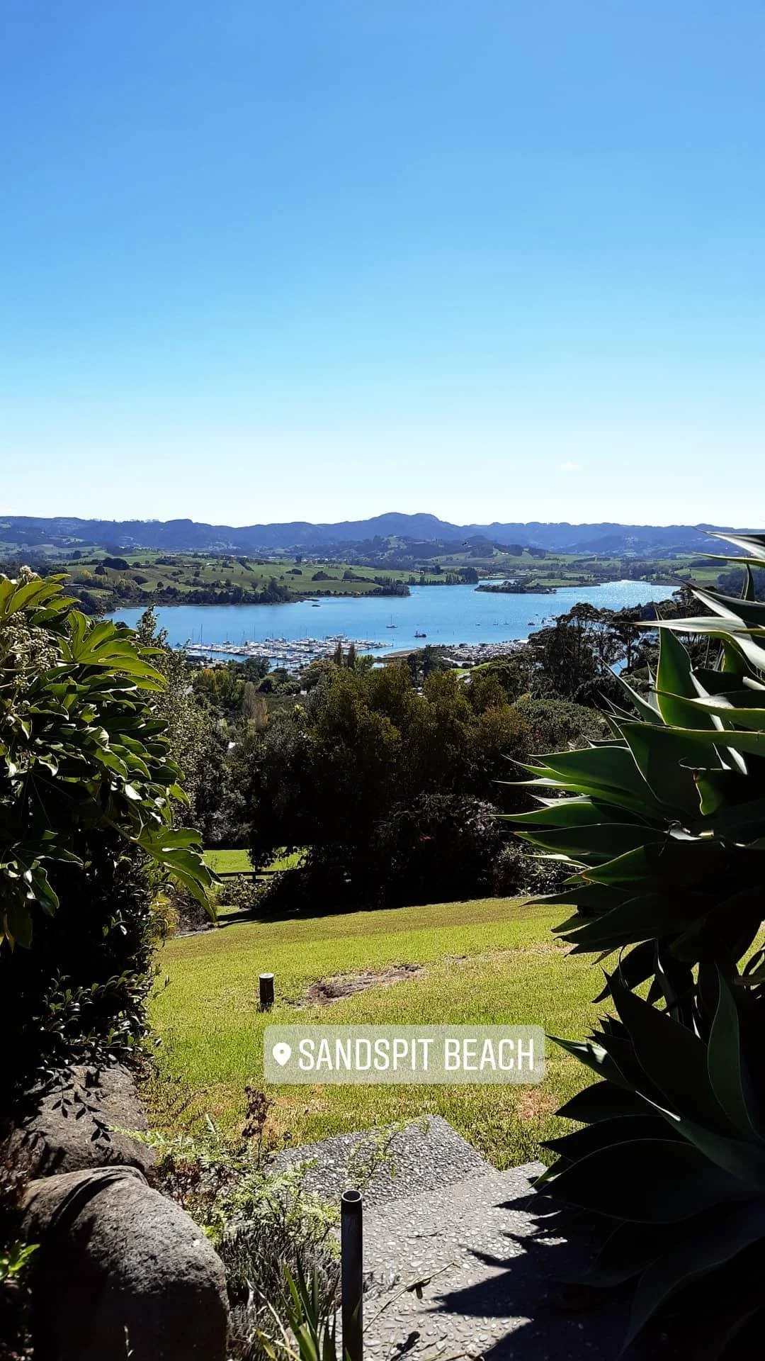 A scenic view of Sandspit Beach with lush green foreground, trees, and a body of water with boats under a clear blue sky.