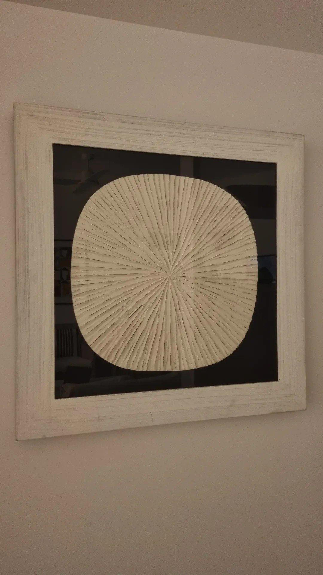 Decorative wall art featuring a three-dimensional circular wooden design with radiating lines, framed in a white wooden frame.