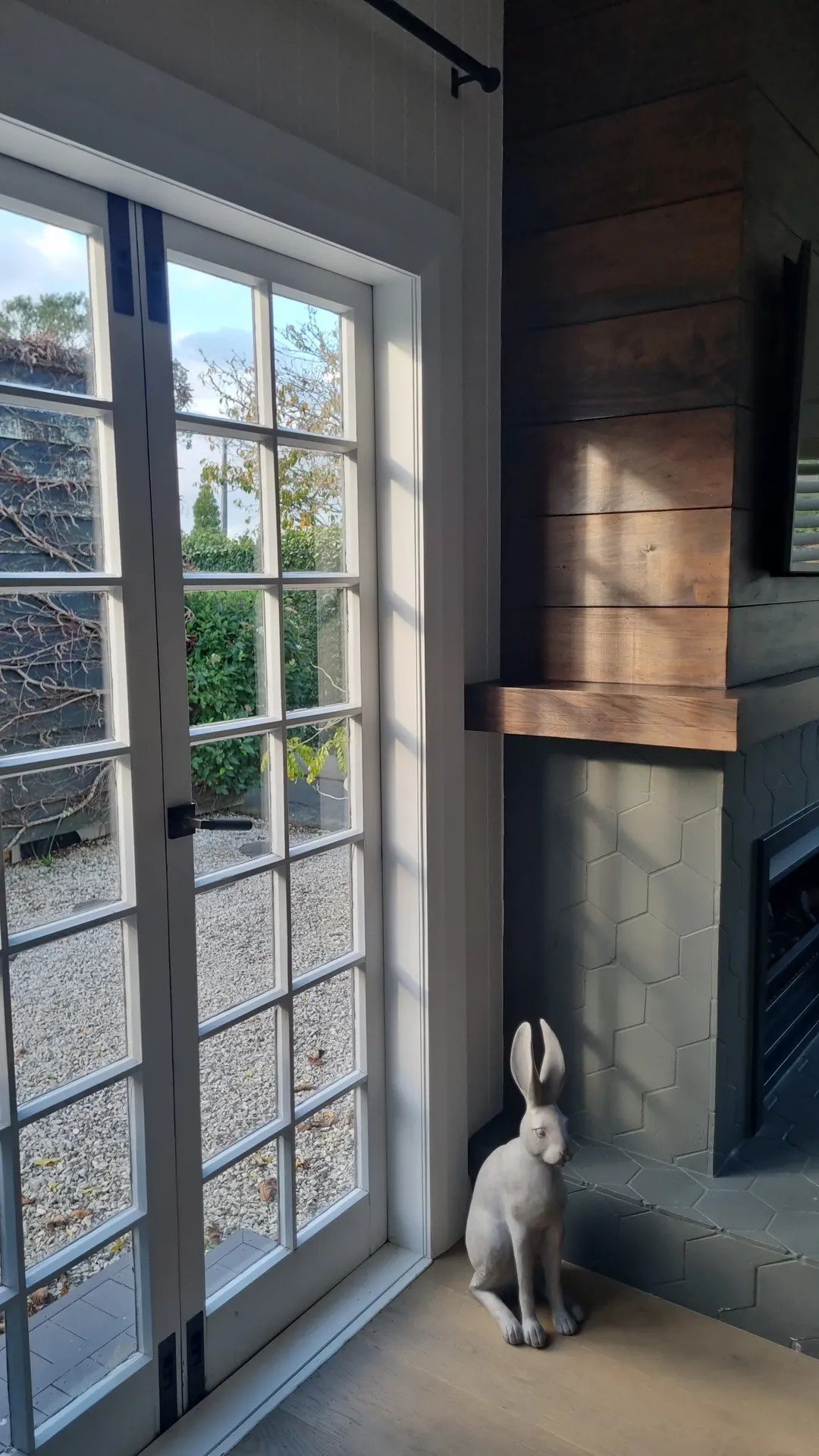 A white rabbit sitting on the floor inside a house next to a glass door and a gray stone fireplace with a wooden mantle, with an outdoor view of trees and gravel ground.