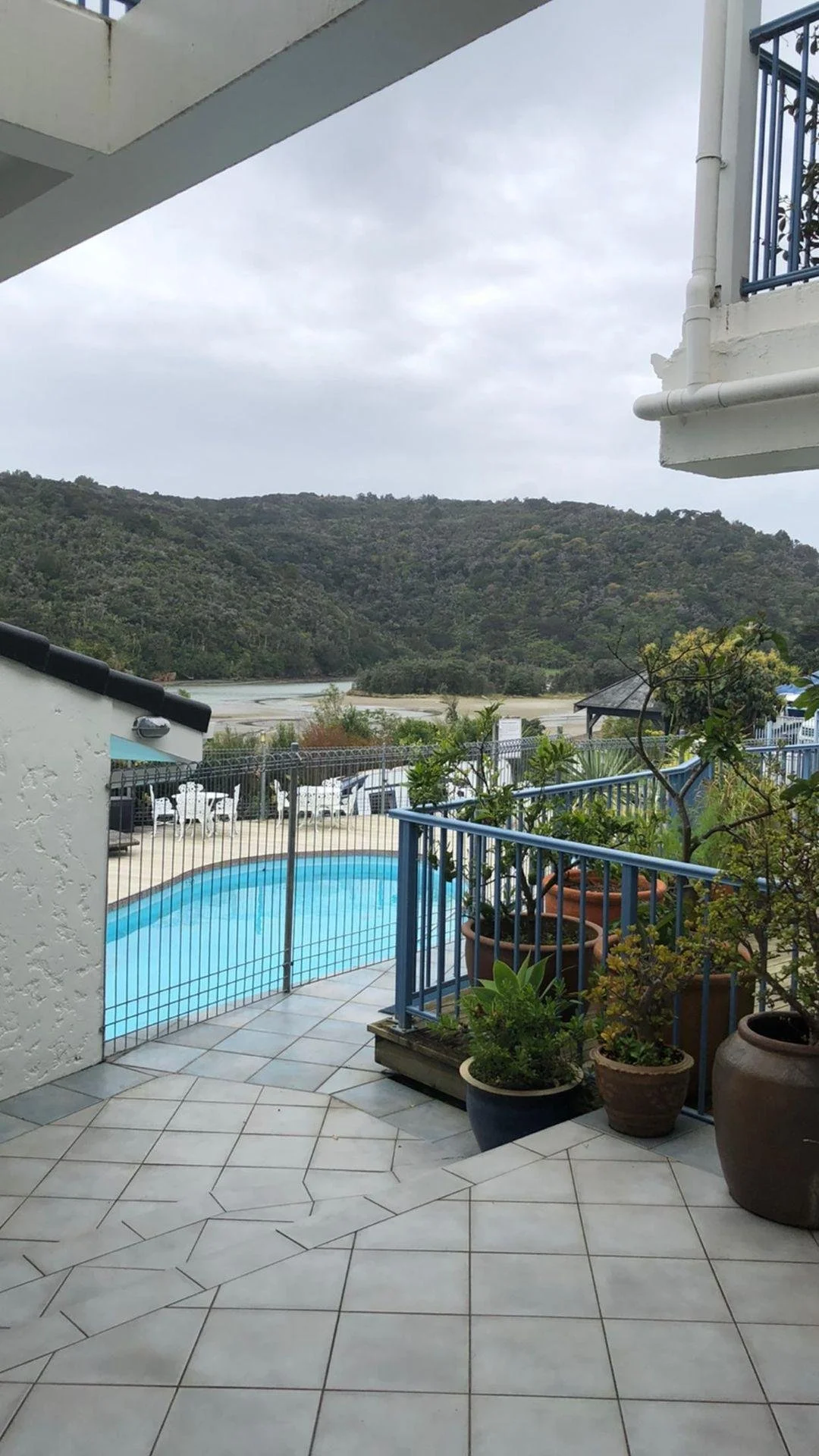 Balcony with potted plants overlooking swimming pool, gated yard, and hilly landscape with trees under cloudy sky.