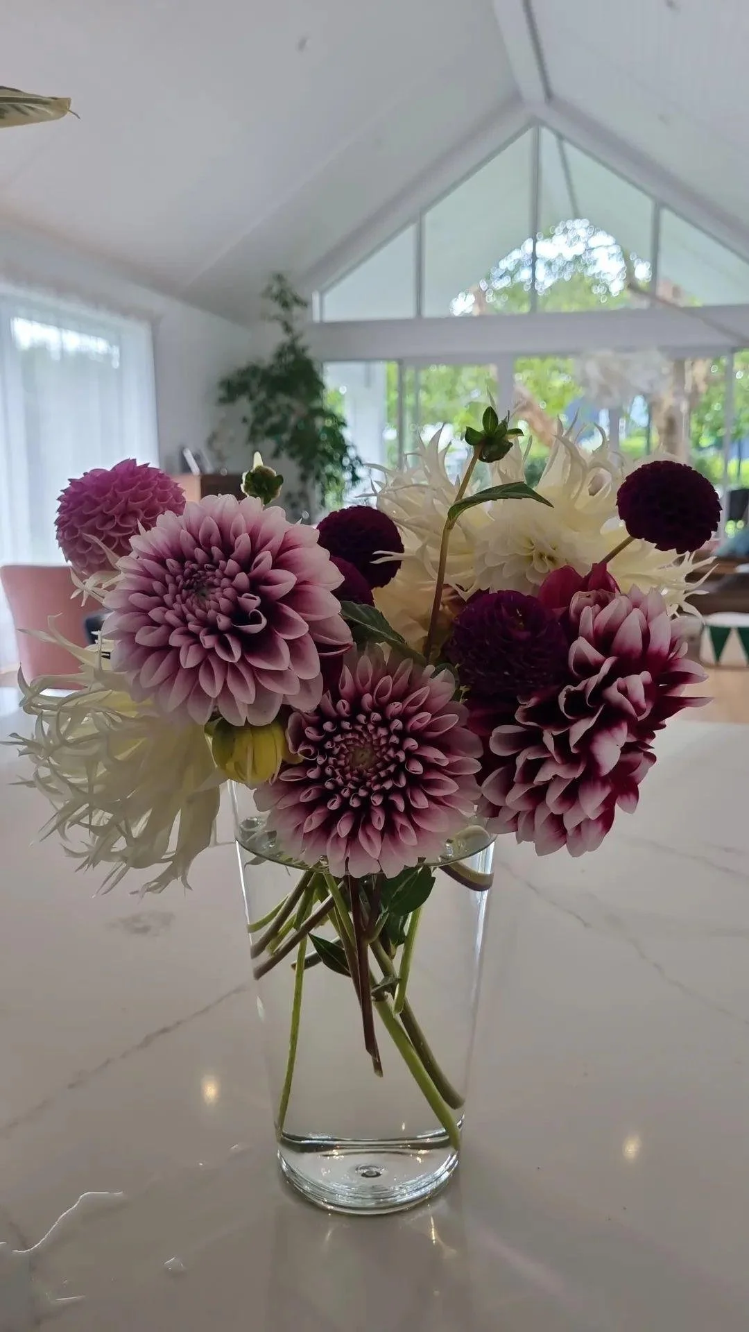 A glass vase with pink and white dahlias and other flowers on a white marble table with a bright living room and large windows in the background.