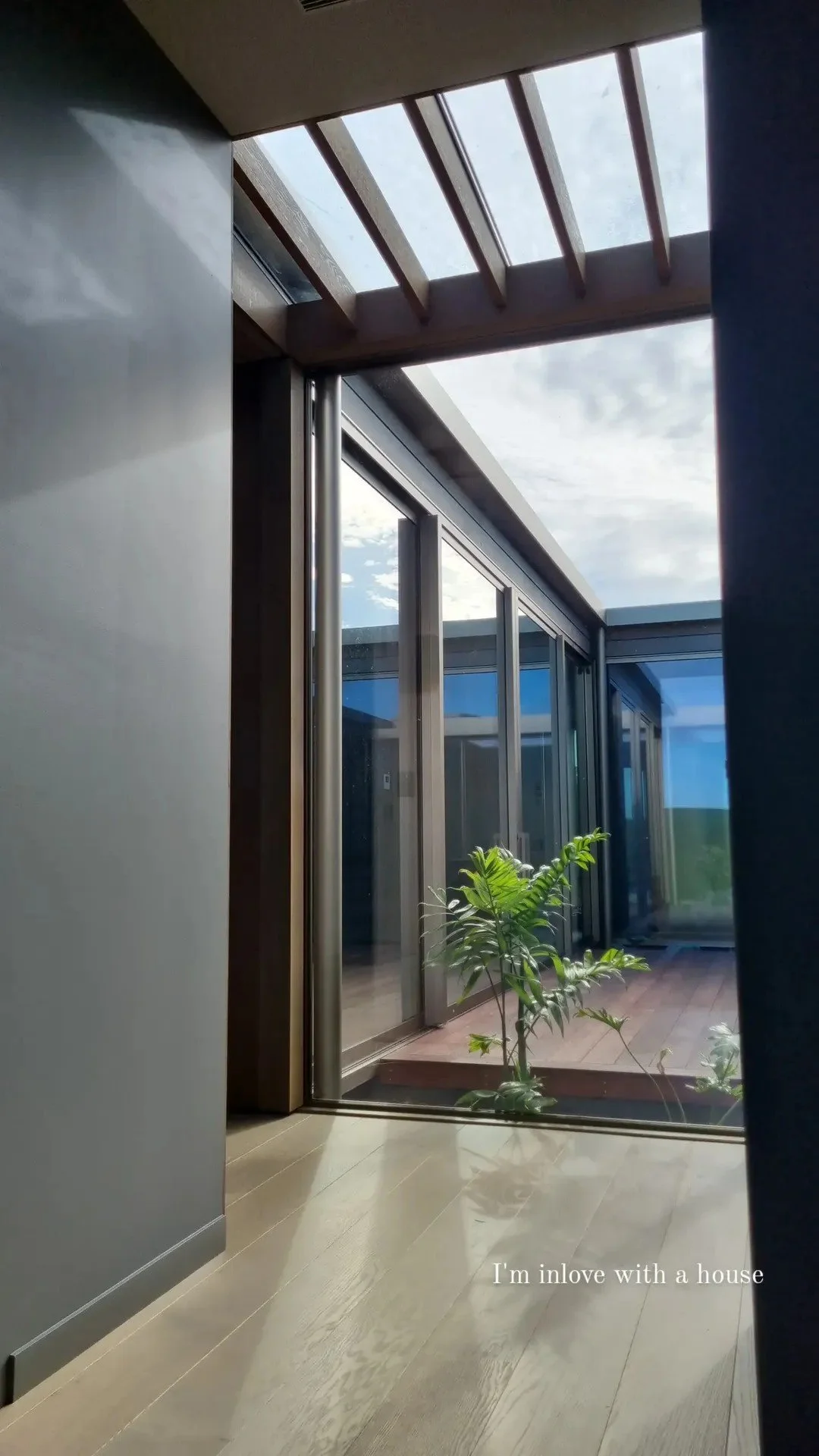 A modern interior view from a hallway looking out through glass sliding doors to a balcony with a potted plant and a wooden deck, under a ceiling with skylight panels and wooden beams, showing a partly cloudy sky and distant landscape.