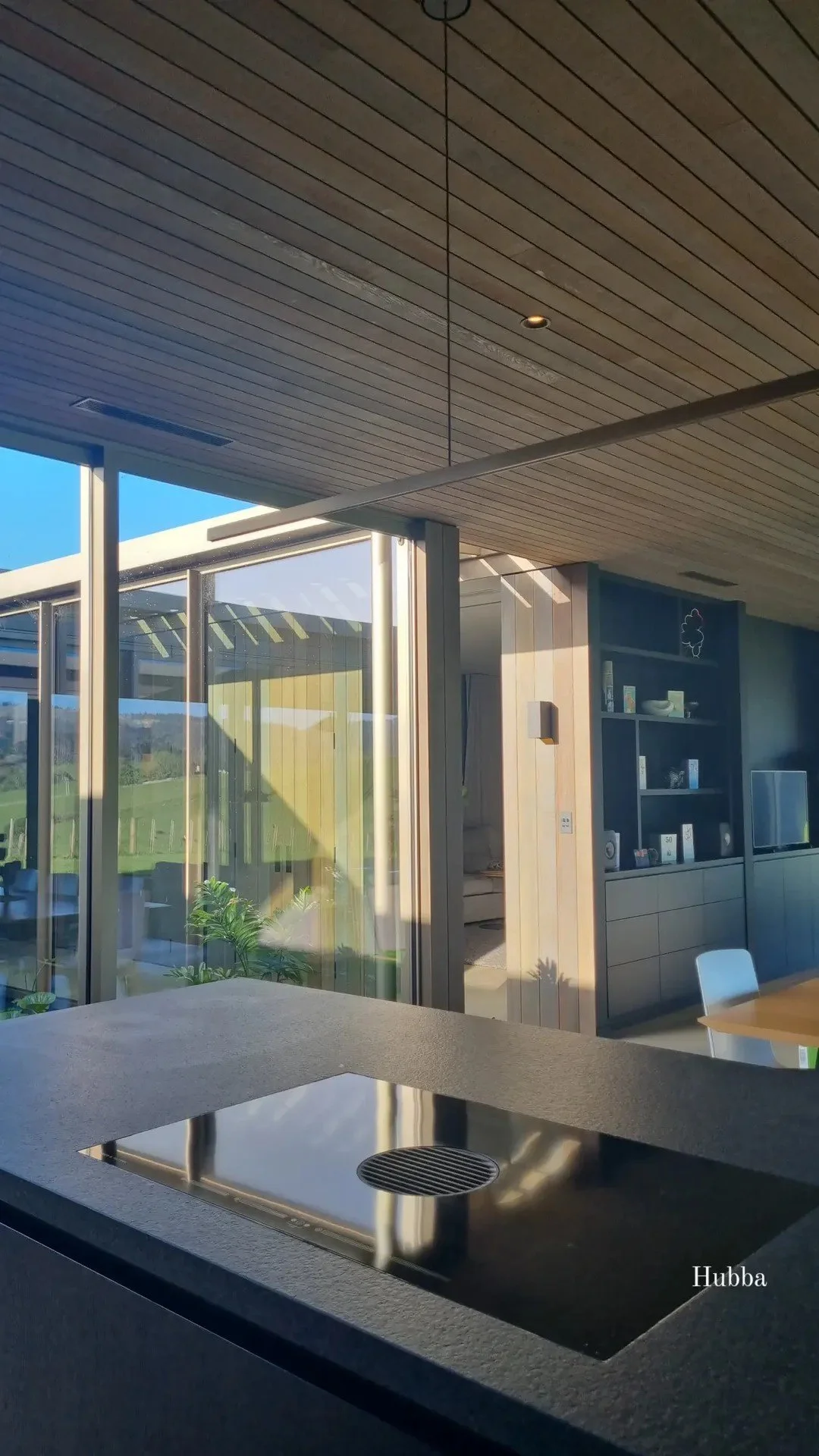 Modern kitchen with black countertop and sink, large windows with a view of green fields, and a built-in shelving unit with decor items. Sunlight illuminates the space.