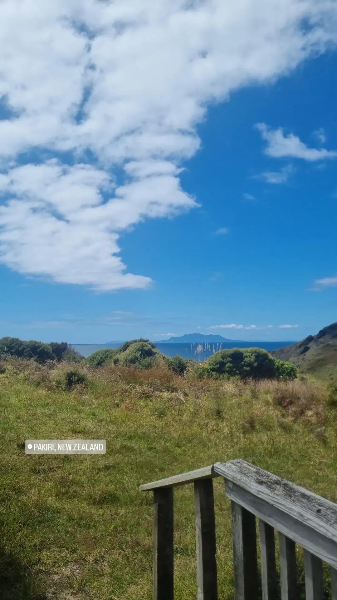 Scenic view of a grassy landscape with bushes, hills, ocean in the distance, and a partly cloudy sky in Pakiri, New Zealand.