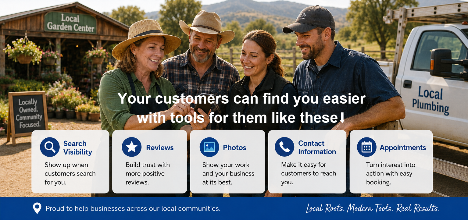 A group of four people standing outside a gardening store, smiling and looking at a mobile device, with a sign for the Local Garden Center and a truck in the background.