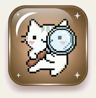 Pixel art cat holding a magnifying glass with stars and moon in the background.