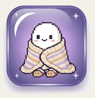 Cute pixel art character resembling a white ghost or spirit wrapped in a striped blanket against a purple background with a moon and stars.