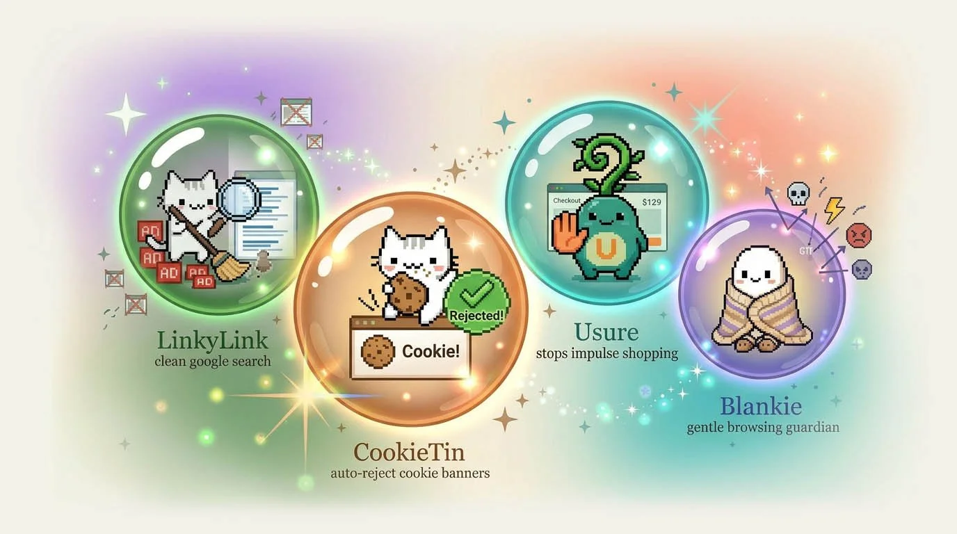 Four colorful digital icons of pixelated characters representing browsing tools, with descriptions of their functions such as 'clean google search,' 'auto-reject cookie banners,' 'stops impulse shopping,' and 'gentle browsing guardian'.