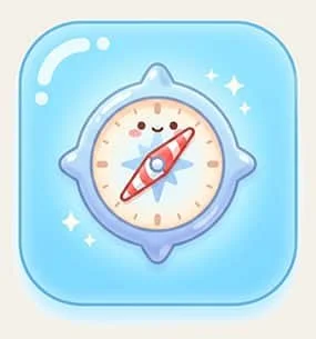 A cartoon compass with a smiling face, set against a light blue background with sparkles.