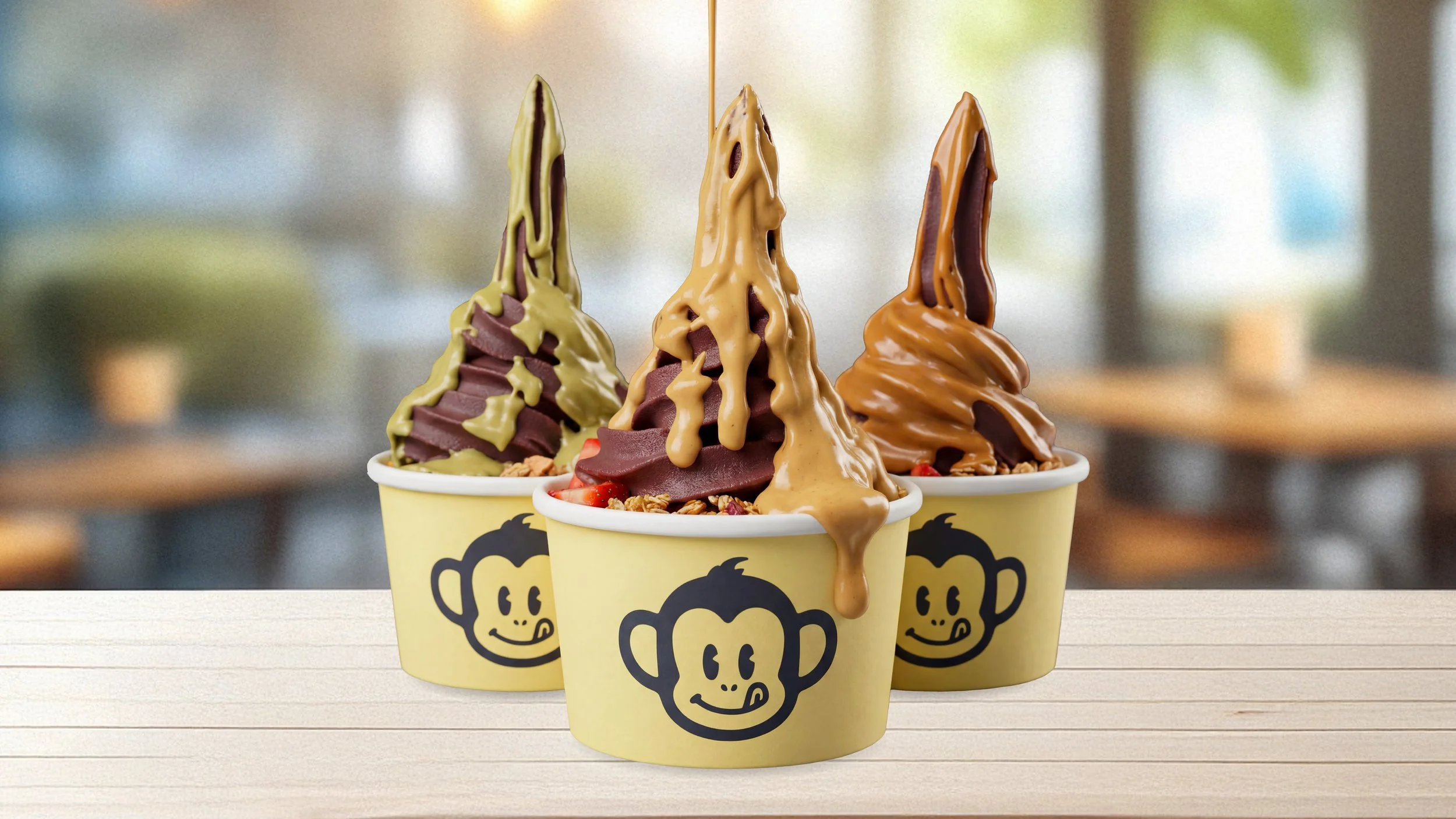 Three cups of açaí with various toppings on a light wooden surface, blurred background.