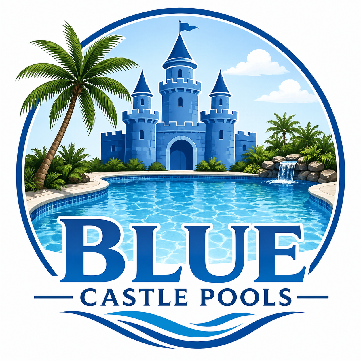 A logo for Blue Castle Pools featuring a blue castle surrounded by palm trees and a swimming pool with a waterfall, with the text 'Blue Castle Pools' in bold blue letters.