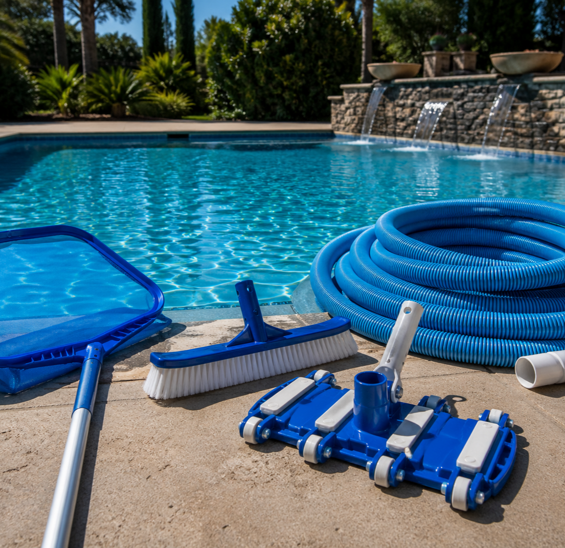 Pool cleaning equipment including a pool vacuum, a squeegee, a pool brush, a pool skimmer, and a coiled pool hose on the pool deck with a swimming pool and waterfall in the background.