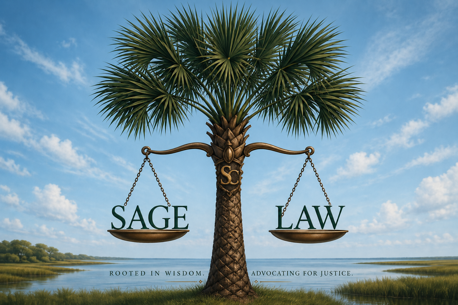 A tree shaped like a balance scale with 'SAGE' on the left and 'LAW' on the right, set in a landscape with water and grass, under a blue sky with clouds.