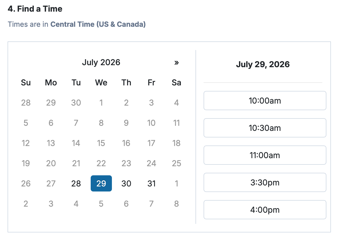 Calendar showing July 2026 with July 29 highlighted. Time slots listed on the right: 10:00am, 10:30am, 11:00am, 3:30pm, 4:00pm.