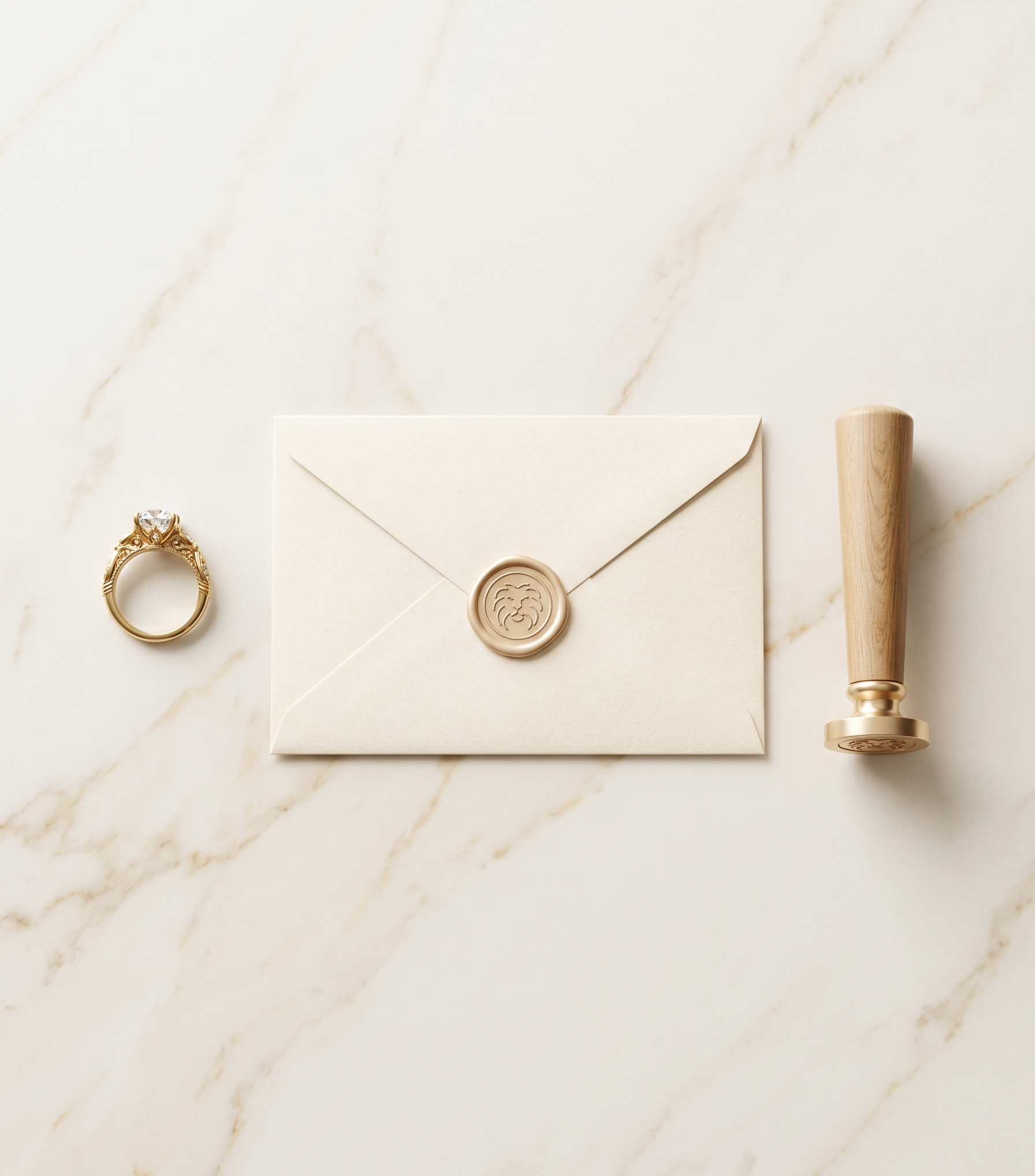 A jewelry ring, an invitation letter with a wax seal, a stamp, a rolling pin, and a cream-colored envelope on a marble surface.