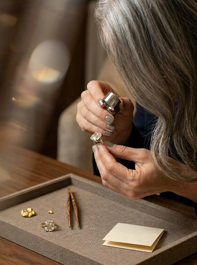 Εξειδικευμένος εκτιμητής κοσμημάτων της Leon Gold εξετάζει κόσμημα υψηλής αξίας για αγορά χρυσού στην Καλλιθέα