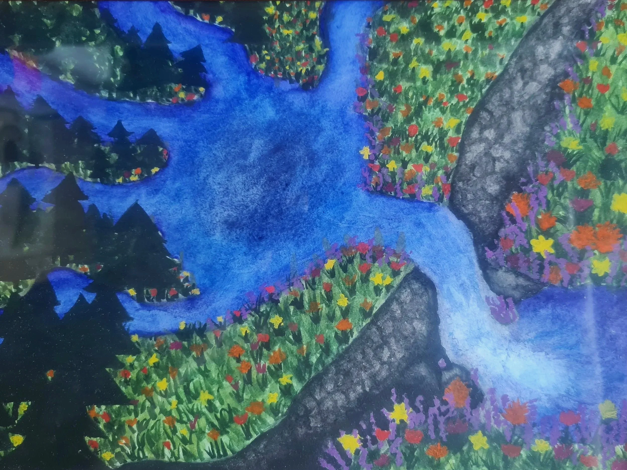 watercolour painting made by sandra spirou. five small rivers meeting and creating a small waterfall, surrounded by trees and flowers.