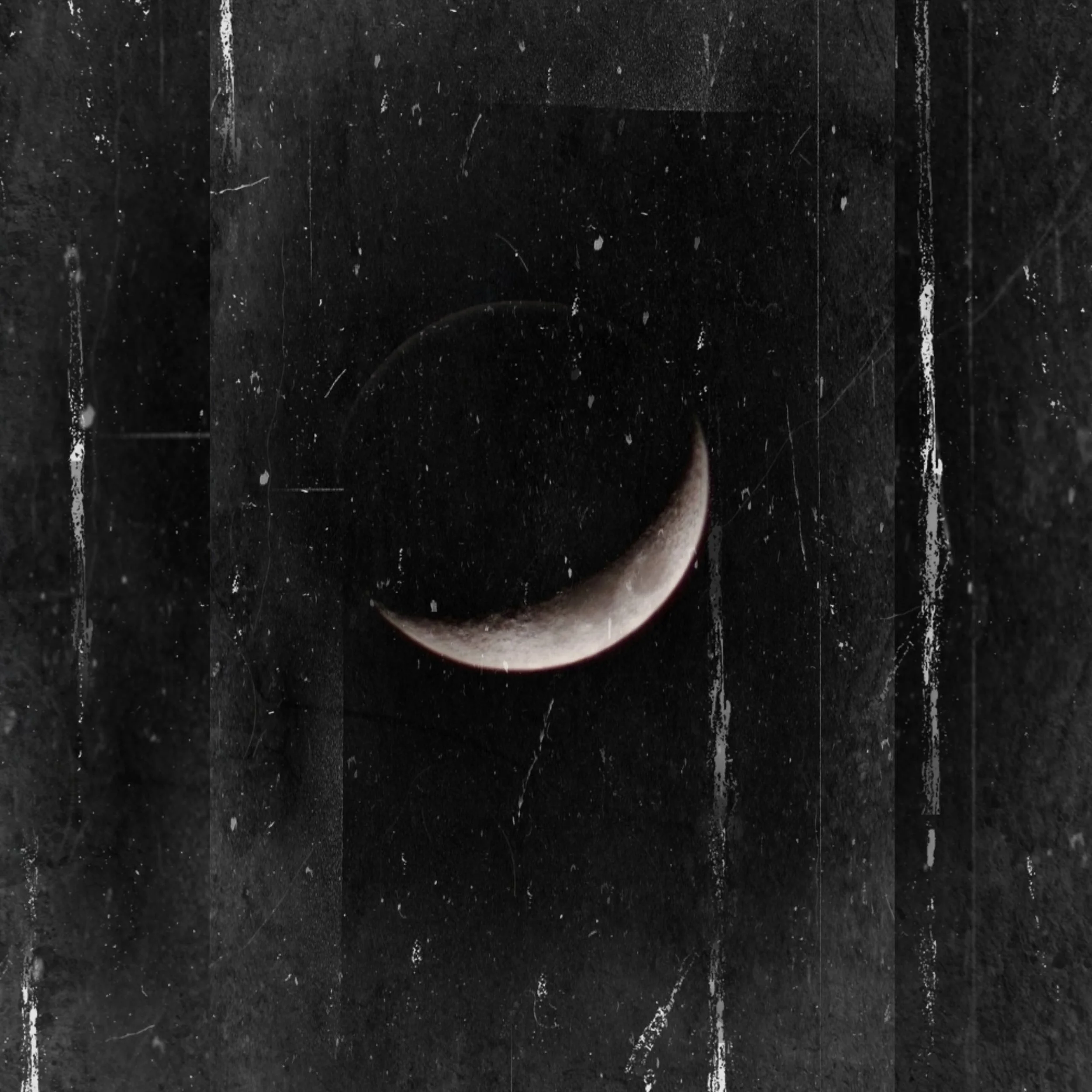 A moody, artistic shot of a sharp crescent moon shining in a dark sky, edited with a grunge texture effect featuring vertical lines, scratches, and distressed borders for a vintage feel.