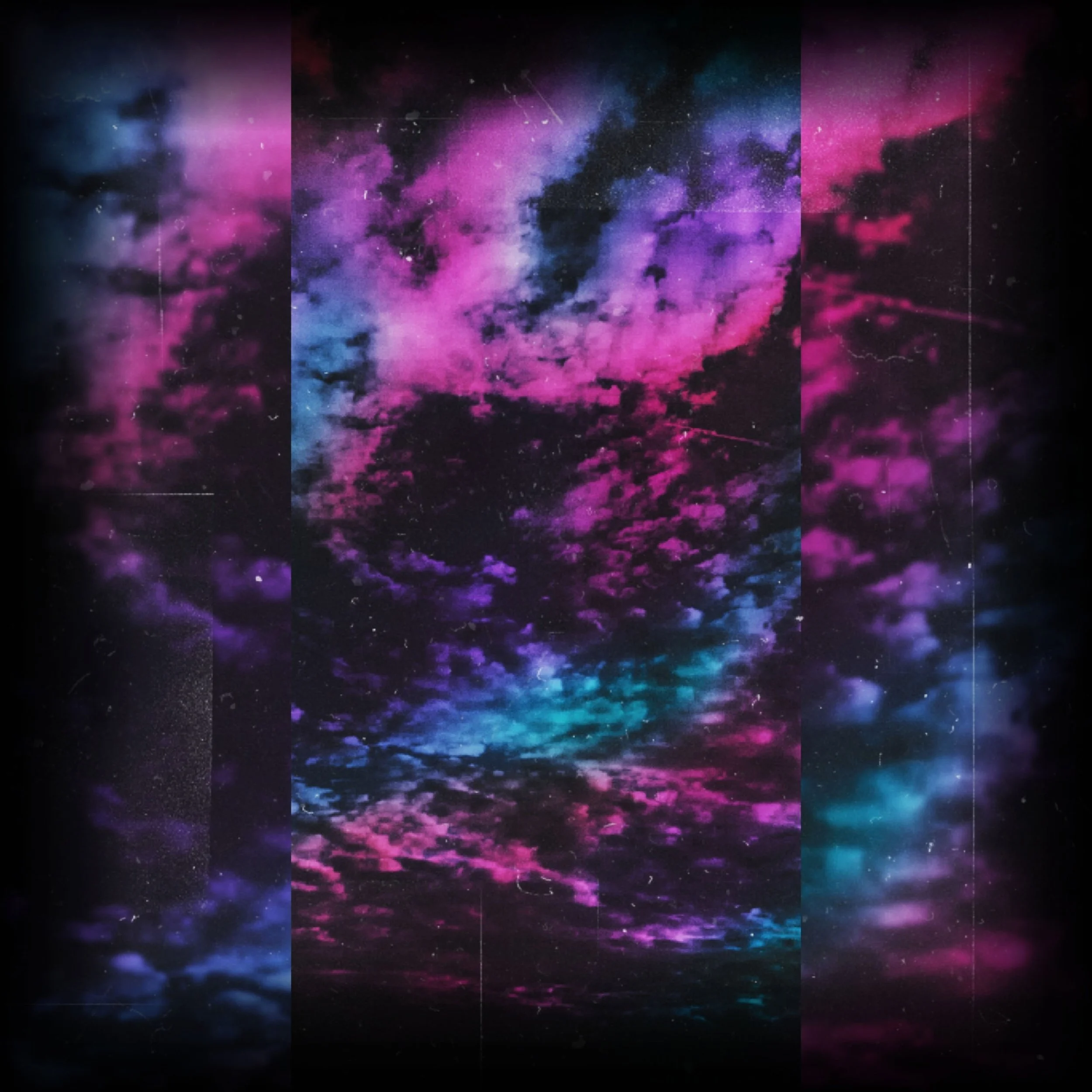 A vibrant triptych-style edit of a cloudy sky, split into three vertical panels and saturated with neon pink, purple, and cyan highlights against a dark backdrop with vintage dust effects.