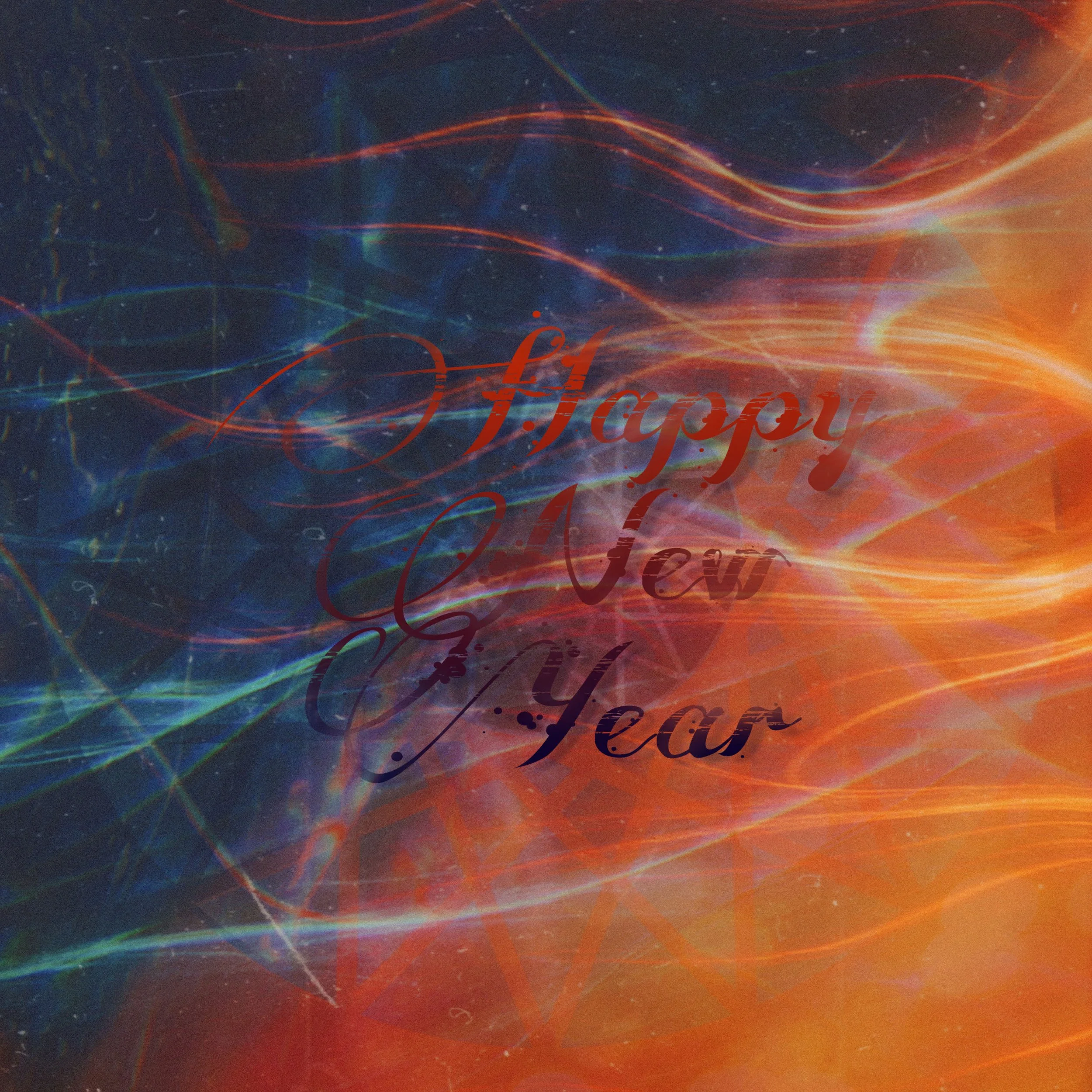An abstract digital artwork vividly depicting dynamic blue water and orange fire structures clashing in the center. A translucent geometric pattern underlies the elegant cursive text 'Happy New Year' placed on top.