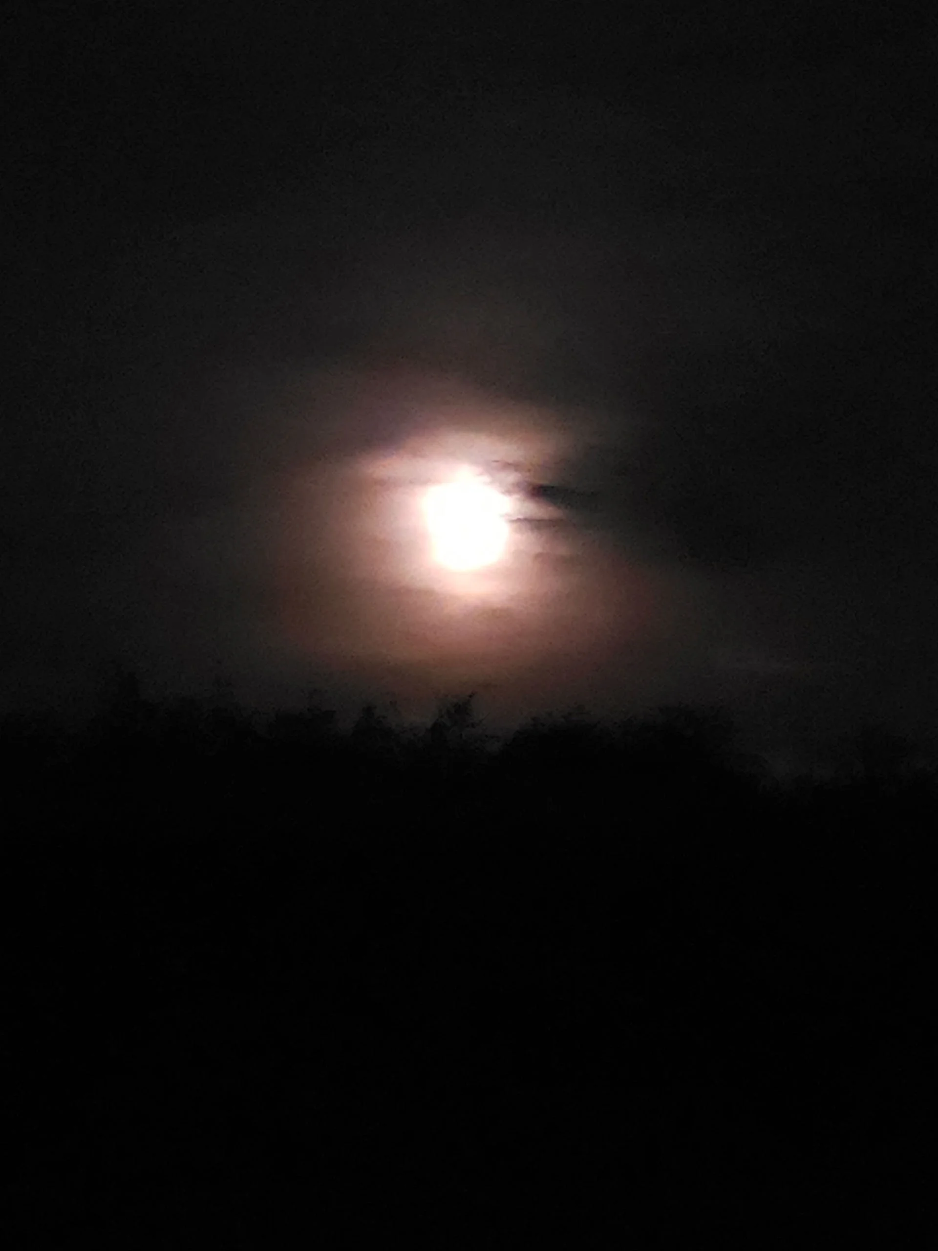A bright full moon shining through a thick, hazy layer of dark clouds above a black silhouette of distant trees.