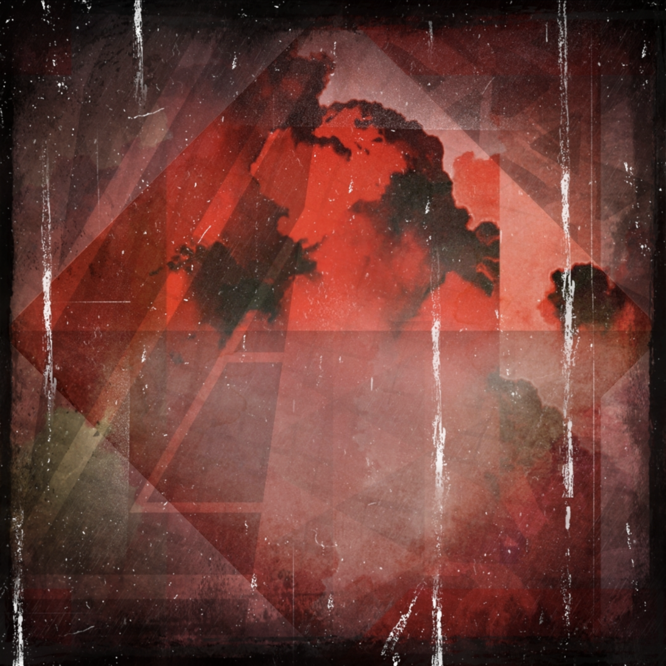 A striking abstract graphic in shades of crimson and black, featuring glitch-like textures and geometric patterns for a future music release.