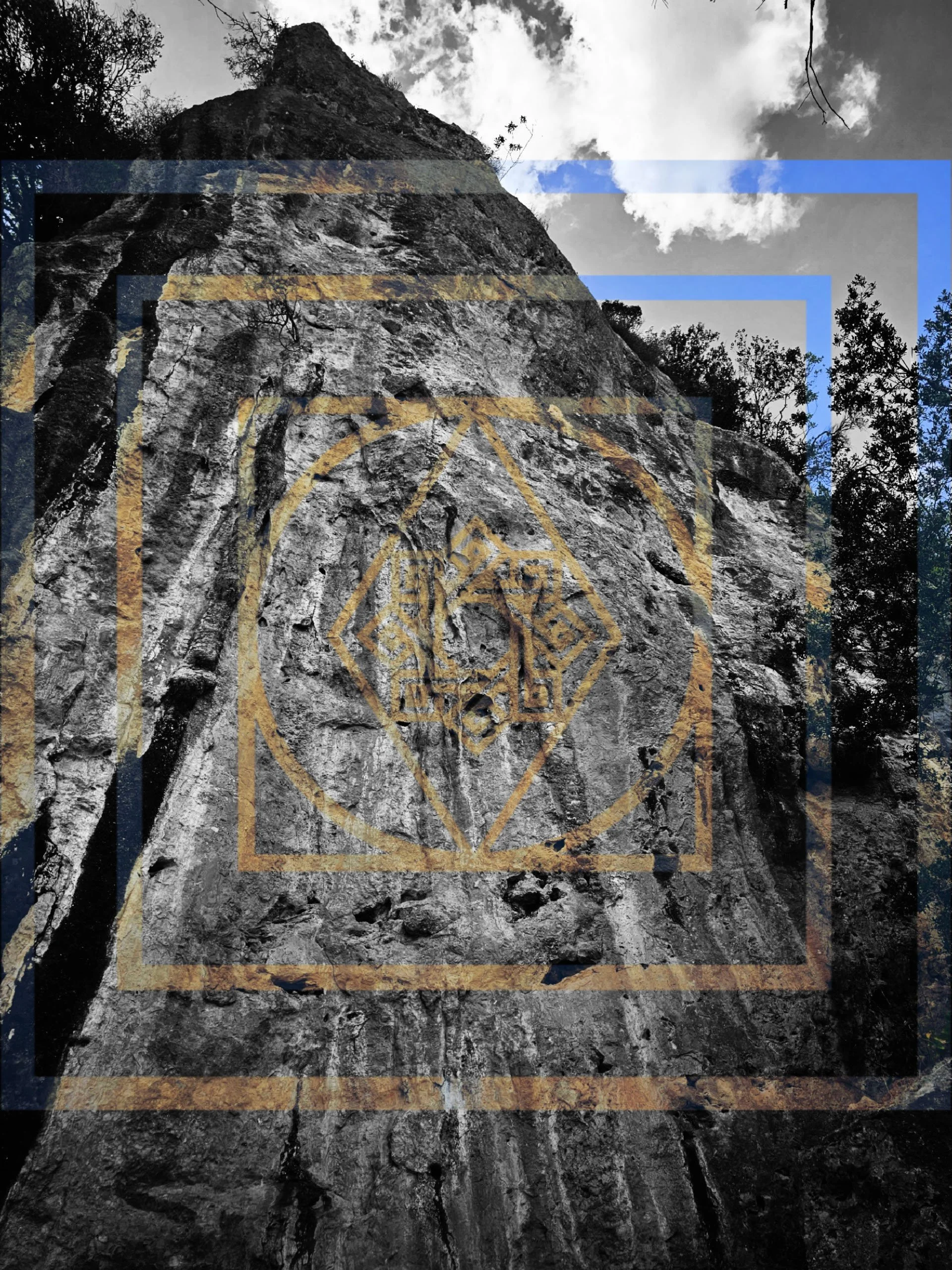 A creative double-exposure image blending a black and white rocky cliffside under a cloudy sky with a warm, golden geometric frame containing an intricate mystical or esoteric central symbol.