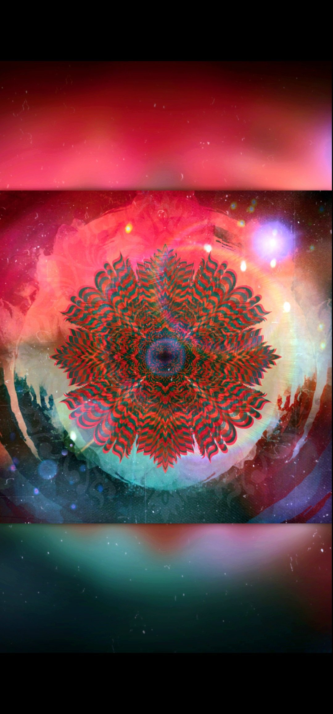 Digital art of a red, orange, and teal translucent ornament set against a vibrant background of matching red, teal, and yellow tones with yellow and purple lighting effects.