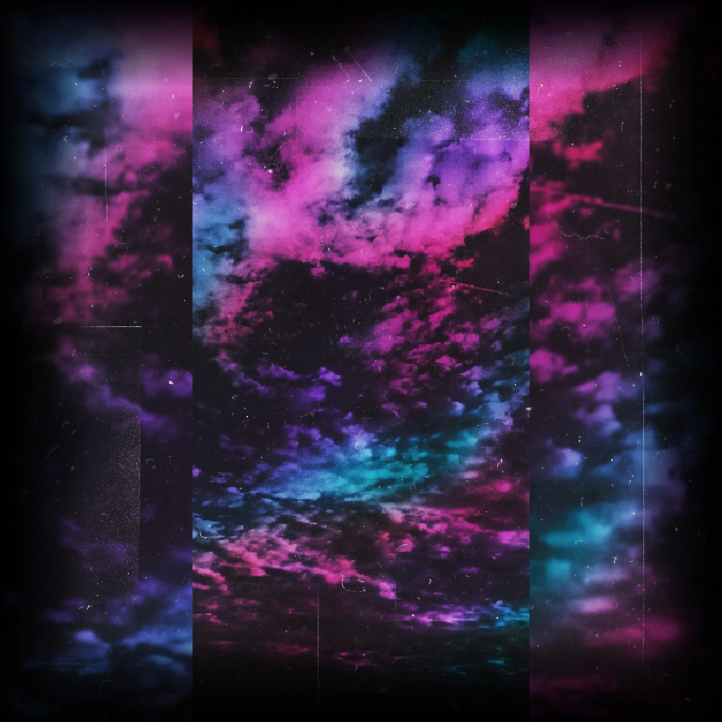 Clouds in shades of pink, burgundy, turquoise, and purple within a black frame, featuring subtle dust and grain textures.