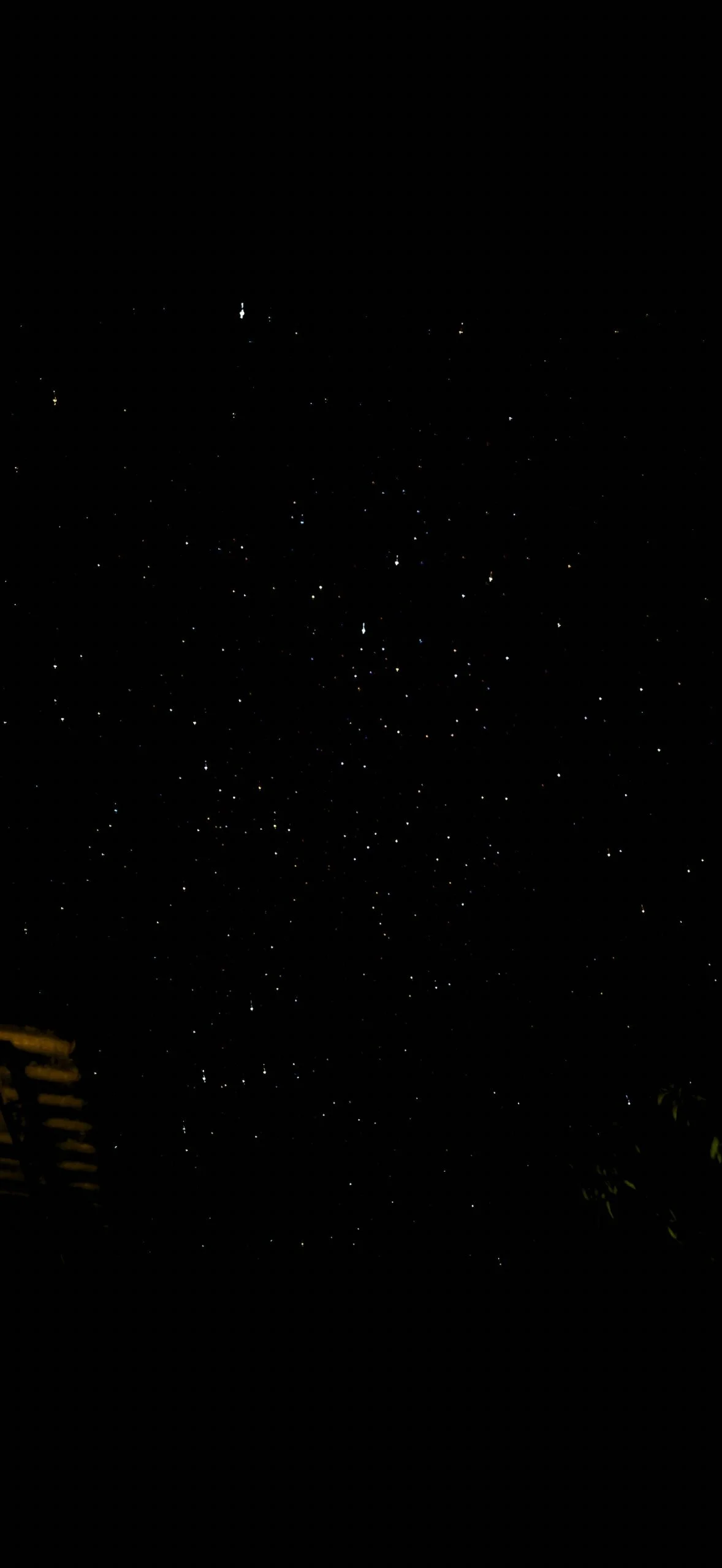 A dark night sky filled with hundreds of tiny, colorful stars, edited with high contrast to make the constellations pop, framed by the subtle dark silhouettes of a roof and foliage.
