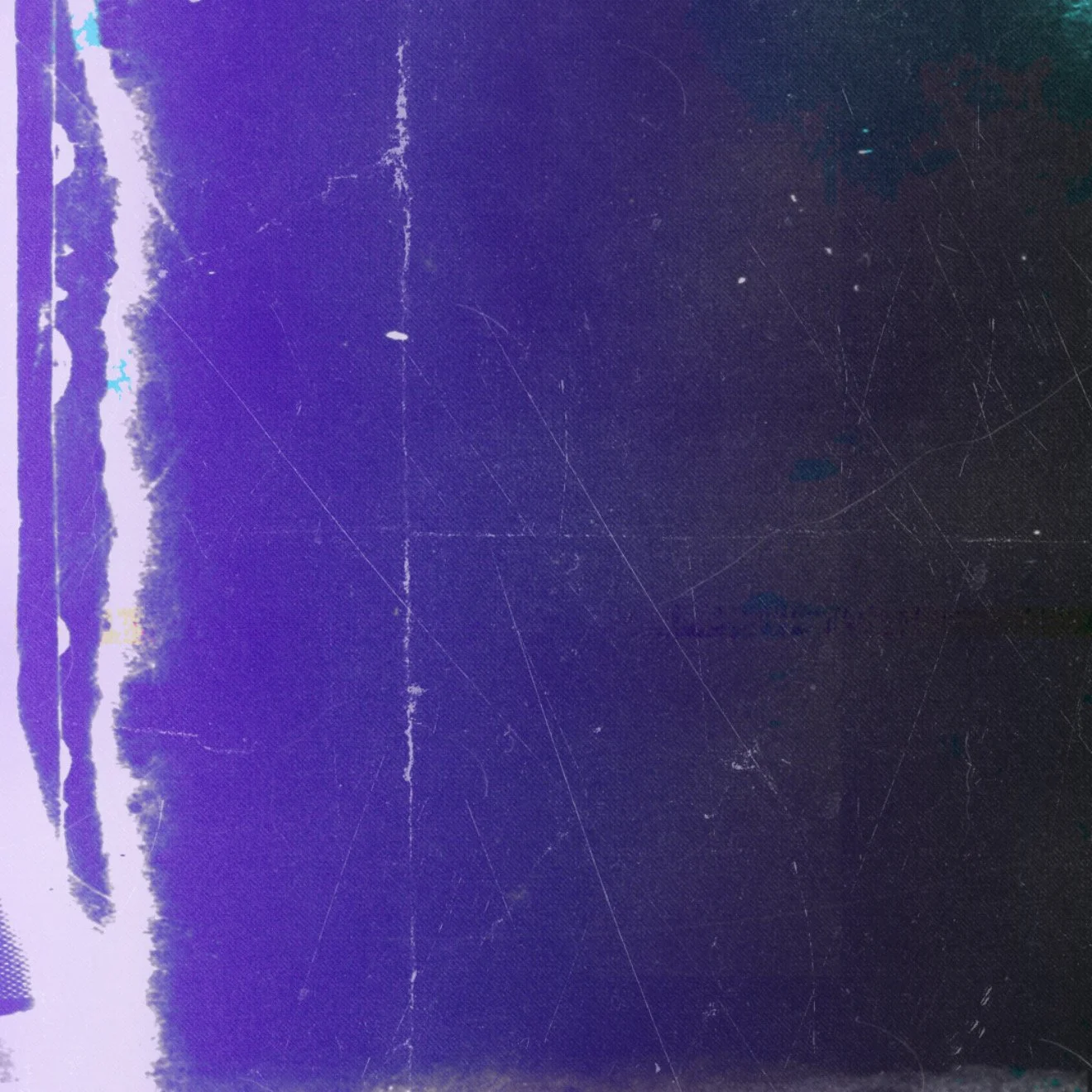 a purple background with a scratched surface and hints of black and teal.