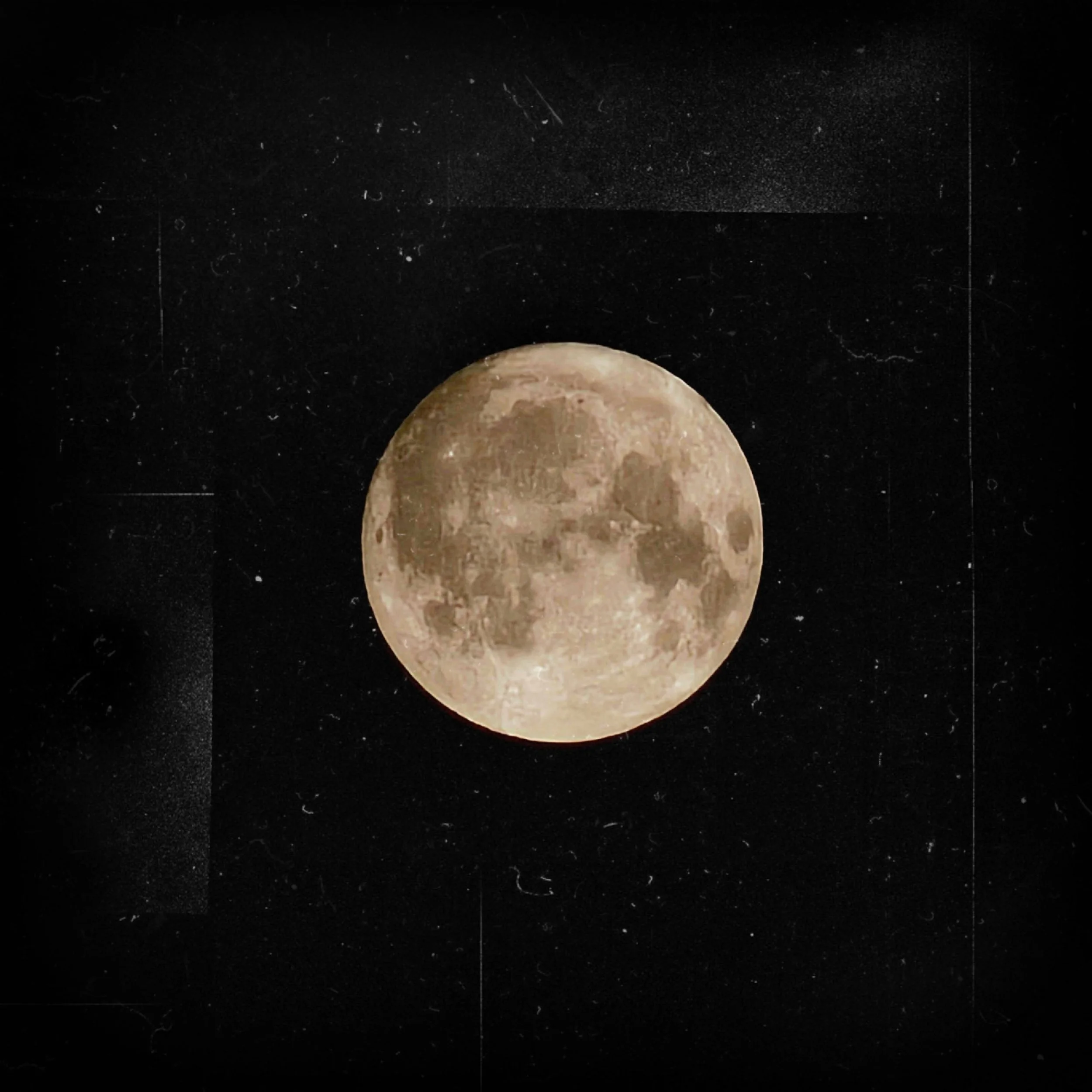 A high-contrast photograph of a detailed, glowing full moon centered against a pitch-black sky, overlayed with a unique artistic texture resembling aged paper and fine dust particles.