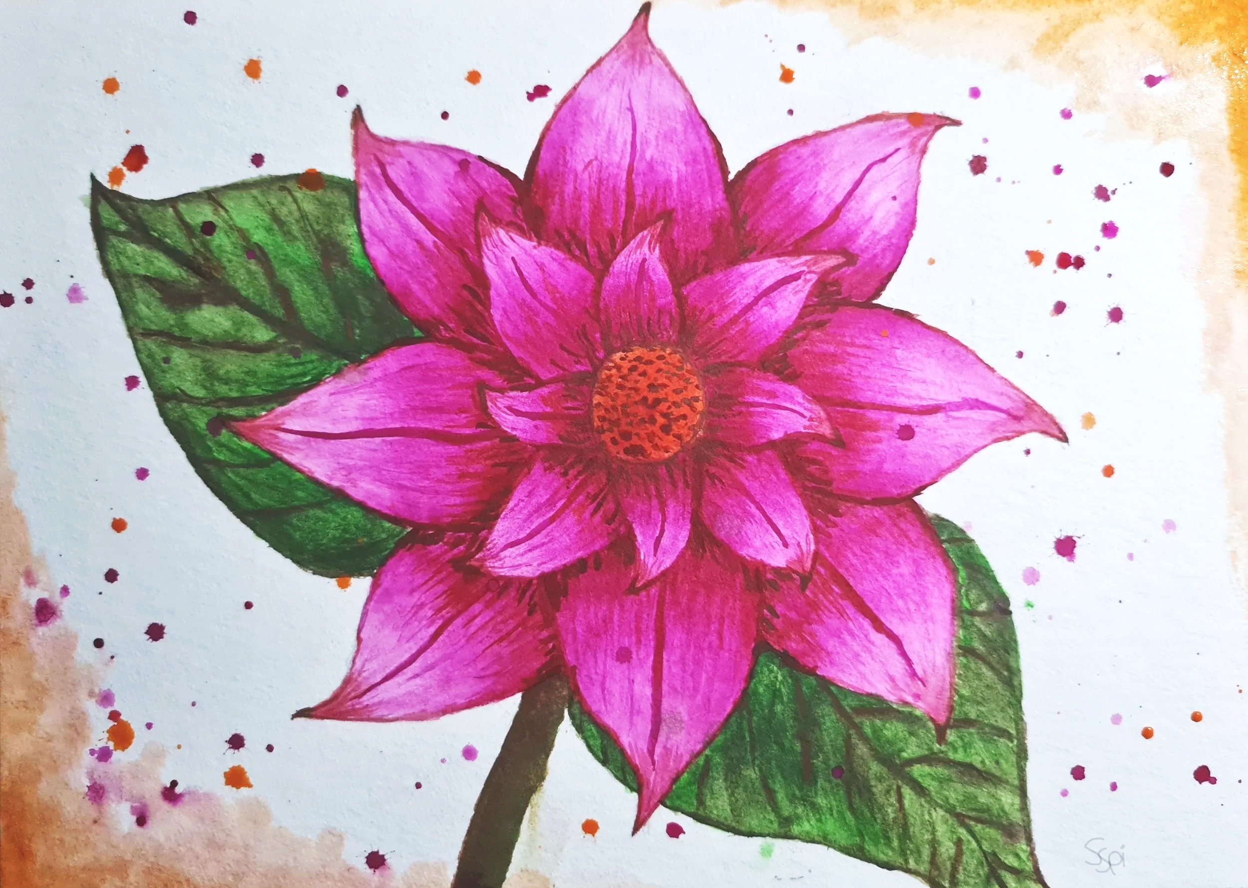 A vibrant watercolor painting of a large, multi-layered magenta flower with an orange textured center and soft, dainty brush strokes, accented by green leaves and a background filled with playful paint splatters in shades of pink and orange.