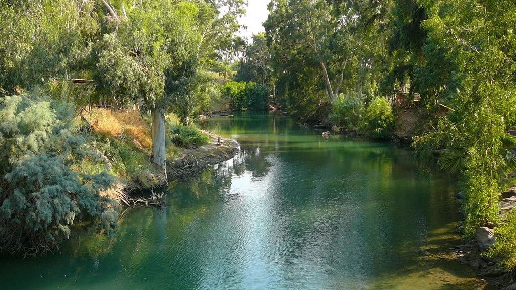 The Jordan River, just south of the Galilee, surrounded by lush green trees on both sides.