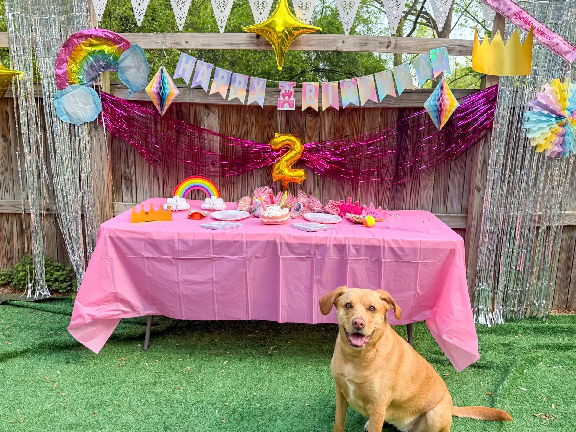 Backyard birthday party setup with a pink tablecloth, birthday decorations including a rainbow balloon, gold star balloons, and a pink 'Happy Birthday' banner. A large golden '2' balloon and paper crowns are visible on the table. A happy dog with a light brown coat sits in the foreground on artificial grass.