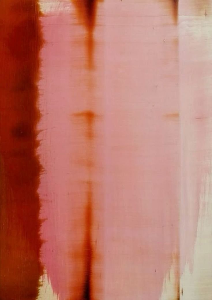 Abstract painting with vertical streaks of reddish-brown, dark brown, and light pink hues.