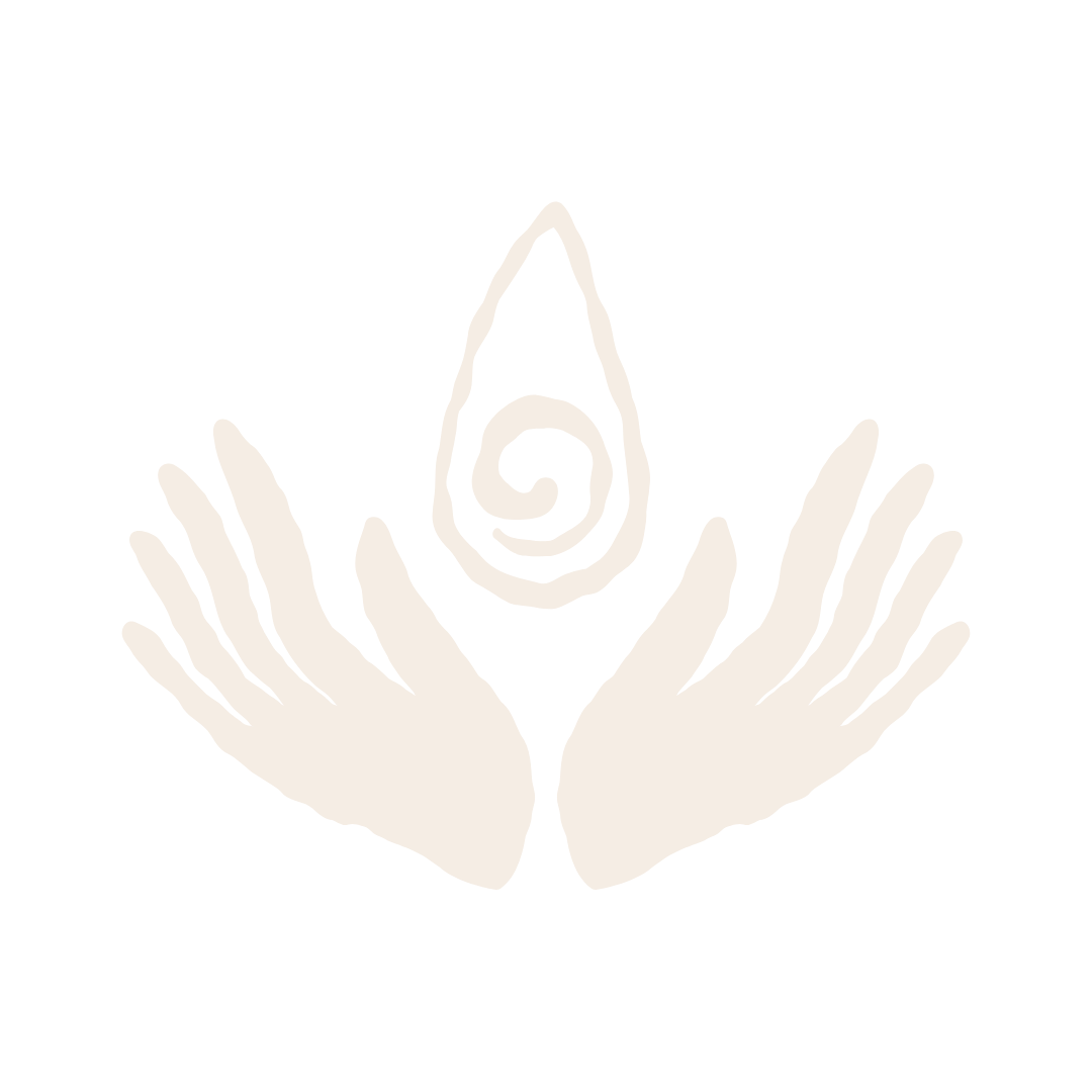 Illustration of two open hands with palms facing up, holding a spiraled teardrop-shaped object.