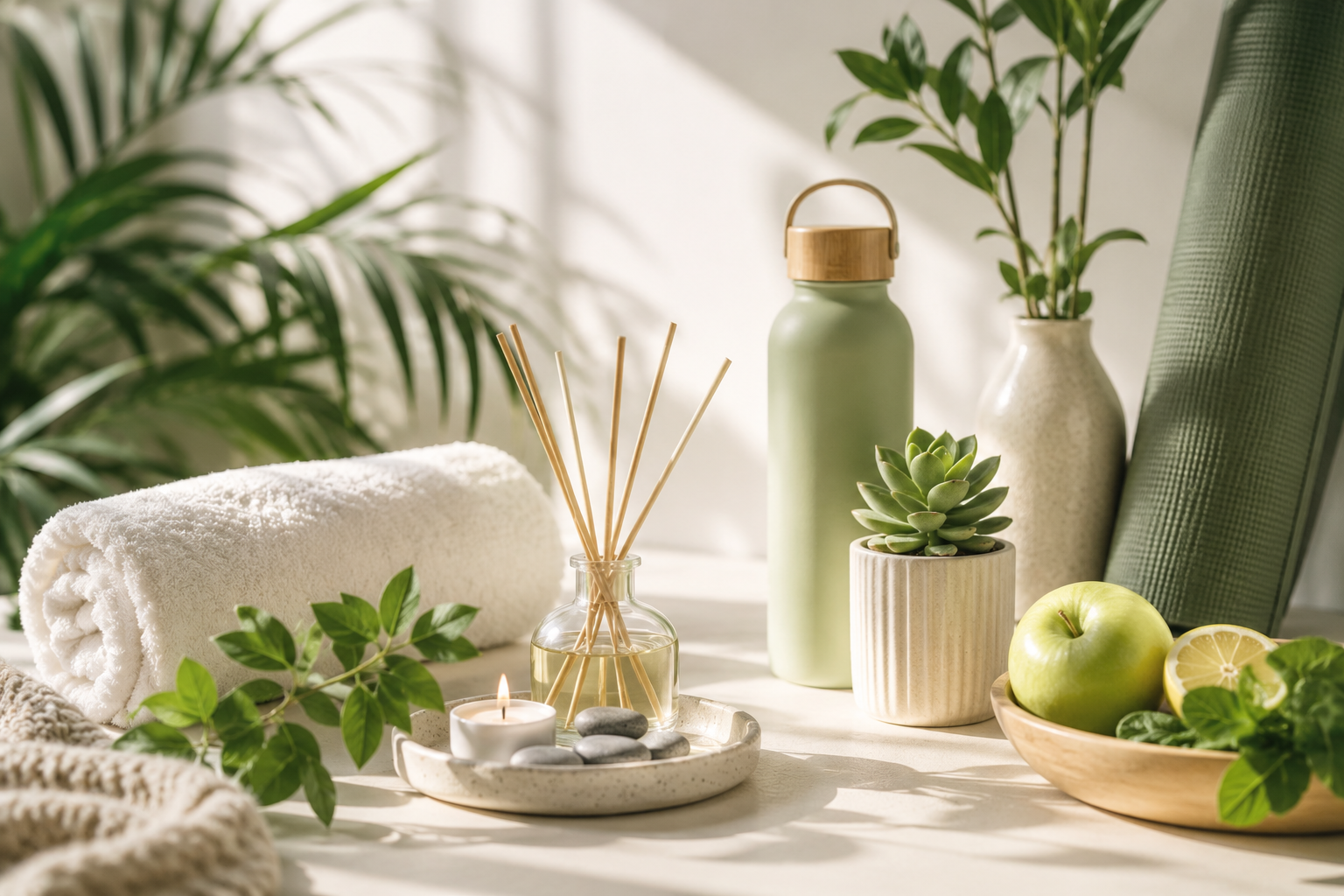 A collection of spa and wellness items including a rolled white towel, green apple, lemon, succulents in pots, a candle, a bottle with reed diffusers, and plants, arranged on a table with natural light.