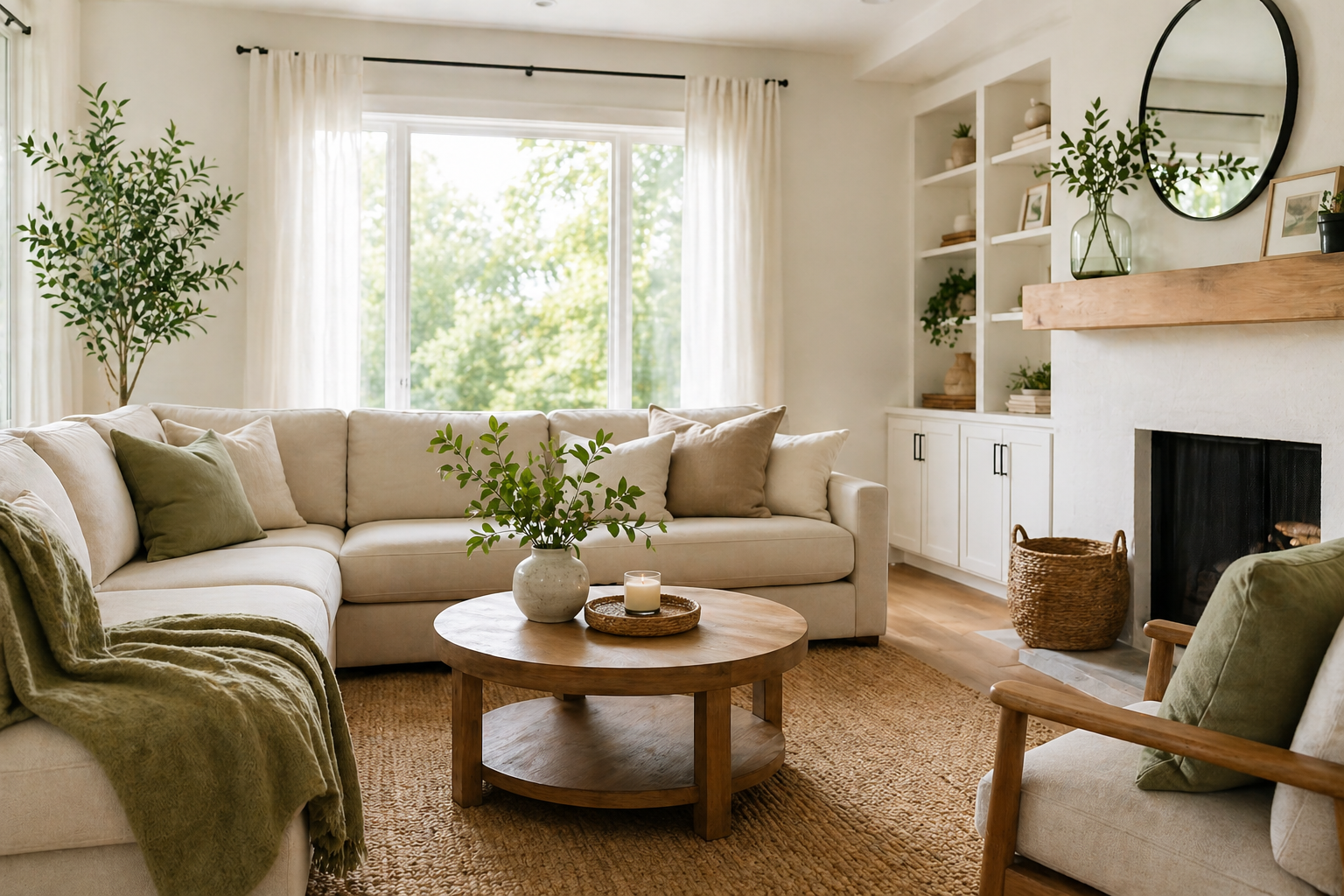 Bright living room with white sofa, wooden coffee table with plant and candle, green armchair, white curtains, fireplace with wooden mantle, built-in white shelves, large window showing green trees outside, and indoor plants.