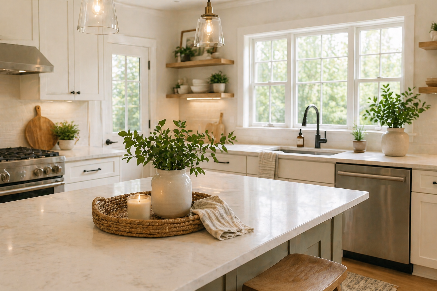 A bright, modern kitchen with white cabinets, a large window, and a kitchen island with a white countertop. Decor includes potted plants, a candle, and a natural woven tray.