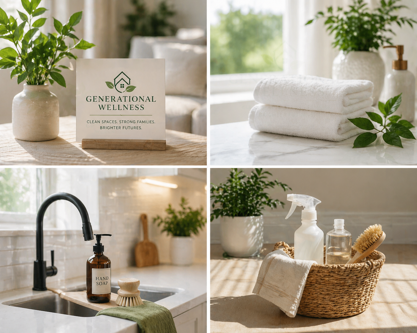 A collage of four images depicting wellness and self-care items, including a sign with 'Generation Wellness', folded white towels, a kitchen sink with hand soap, and a basket with cleaning supplies and a towel.