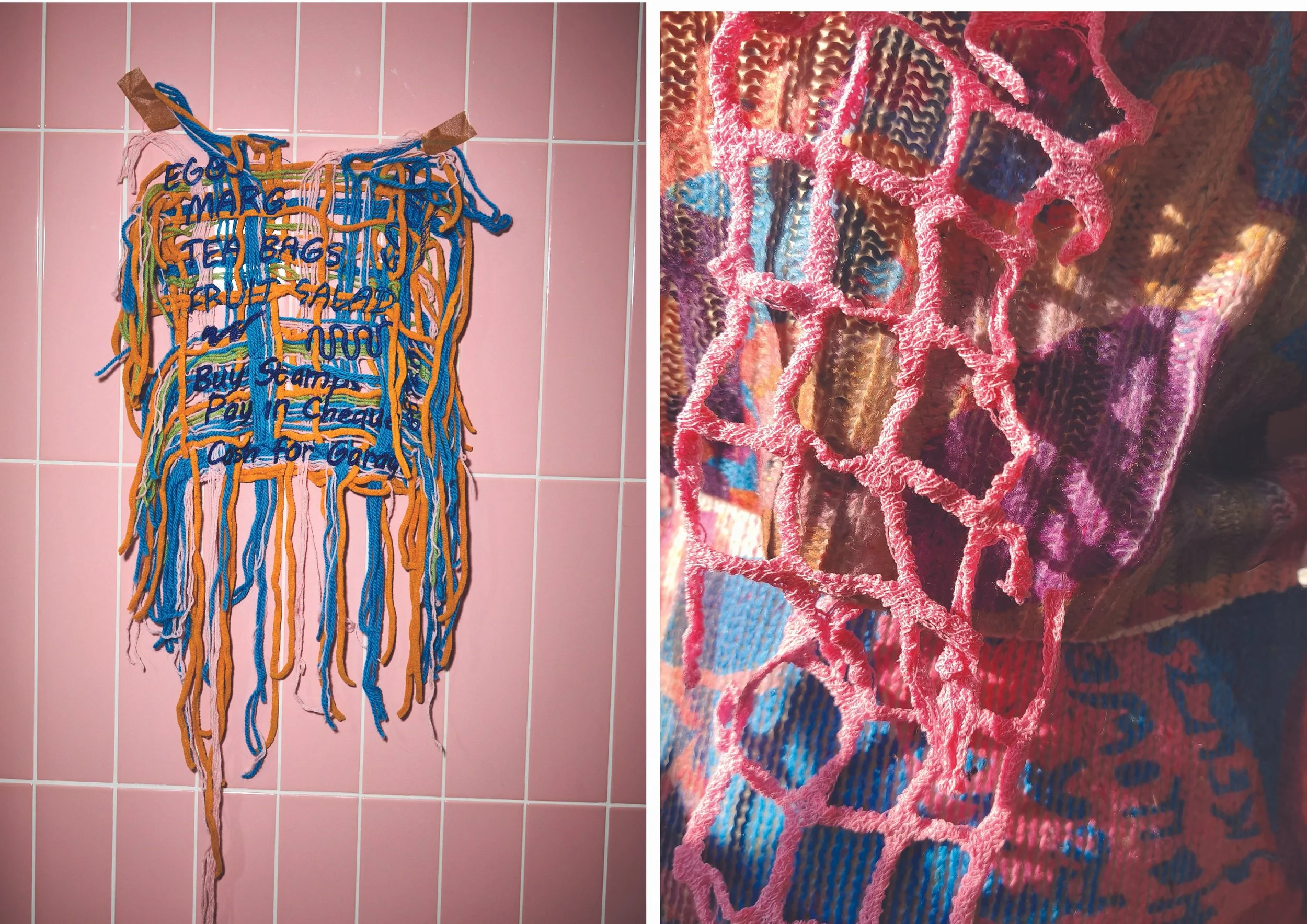 loose unravelled yarn with embroidered letters on A PINK tiled background. To the right of the screen is printed knitwear and lace piece.