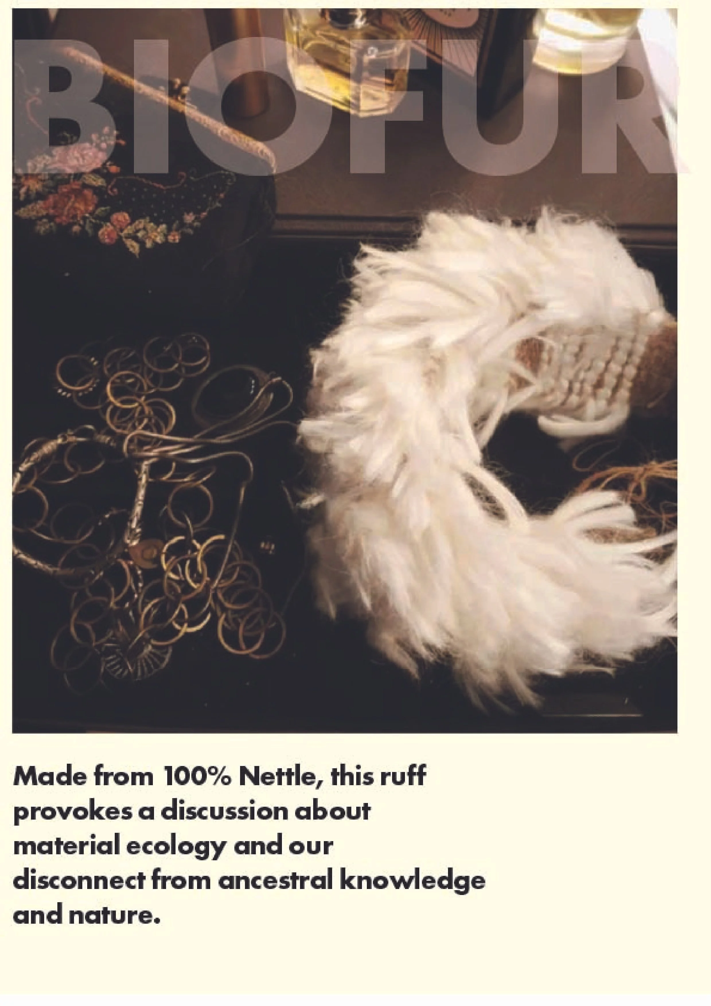 a white nettle ruff on a black background with jewellry