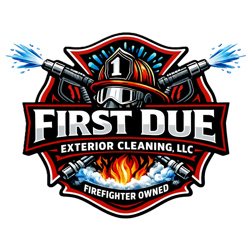 Logo for First DUE Exterior Cleaning, LLC featuring firefighter equipment, water hoses, flames, and firefighting imagery.