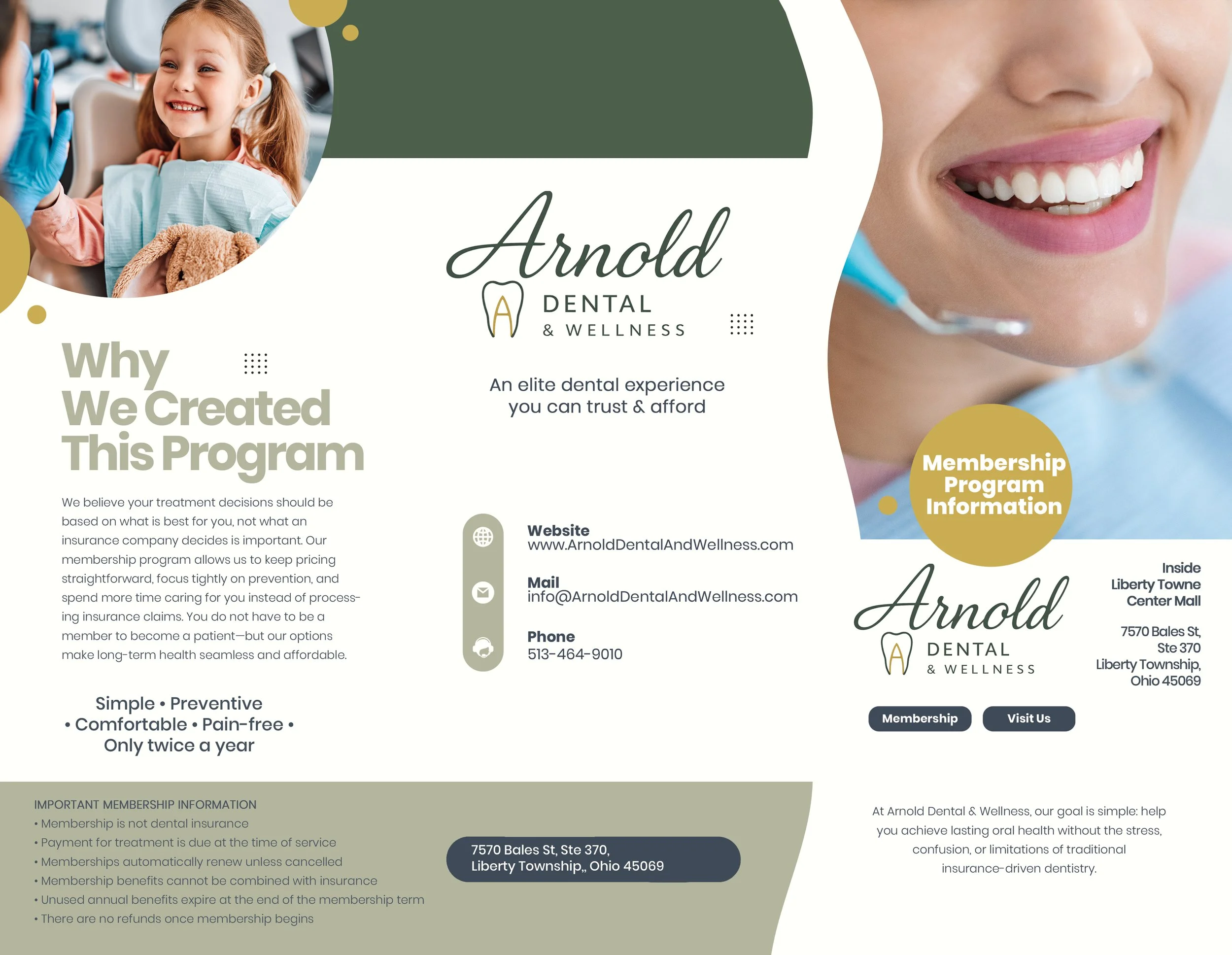 A promotional flyer for Arnold Dental & Wellness. The flyer features images of a smiling young girl in a dental chair and a close-up of a smiling woman with white teeth. The flyer includes information about the dental practice, membership programs, and contact details.