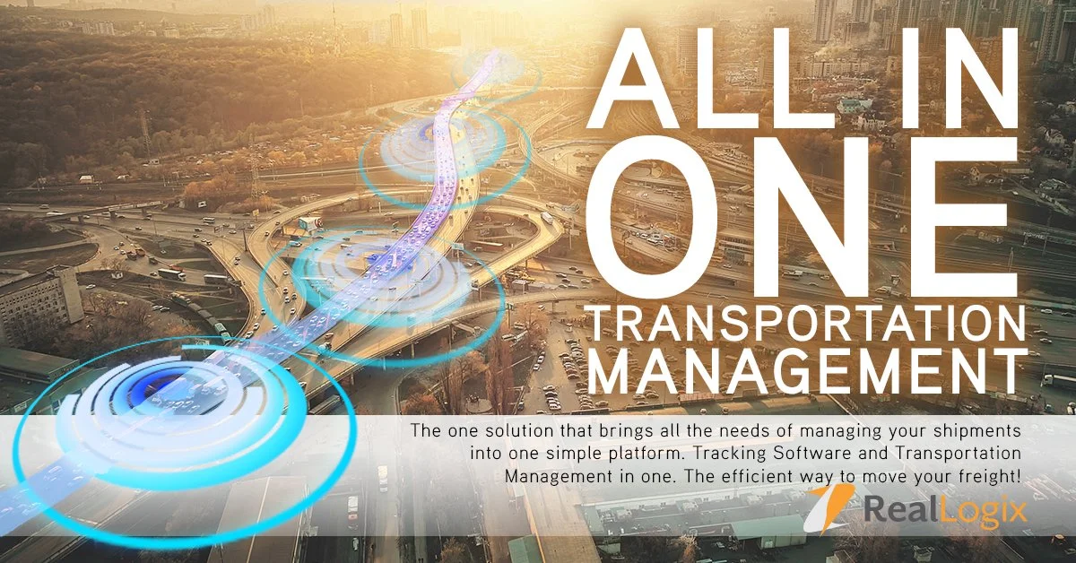 a cityscape with highways and traffic, overlaid with a digital graphic of a purple route and blue circles representing a transportation network, alongside large white text saying "ALL IN ONE TRANSPORTATION MANAGEMENT" and smaller text about managing shipments with software from RealLogix.