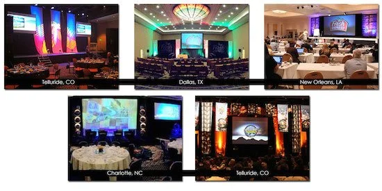 Five conference rooms with large screens, stage setups, and seating arrangements in Telluride, Dallas, New Orleans, Charlotte, and Telluride, featuring various lighting and presentation equipment.