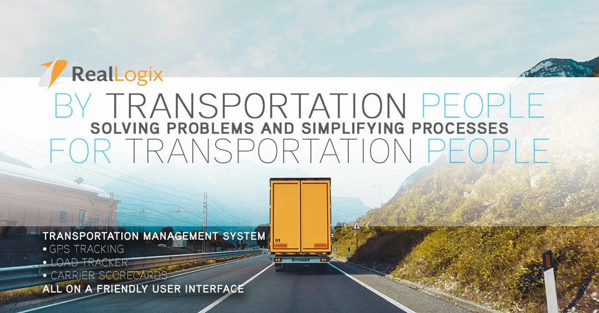 A semi-truck driving on a mountain highway with promotional text overlay about a transportation management system