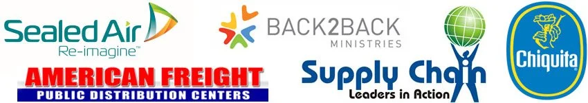 Logos of eight organizations: Sealed Air, Back2Back Ministries, Chiquita, American Freight Public Distribution Centers, Supply Chain leaders in Action, and a globe icon.