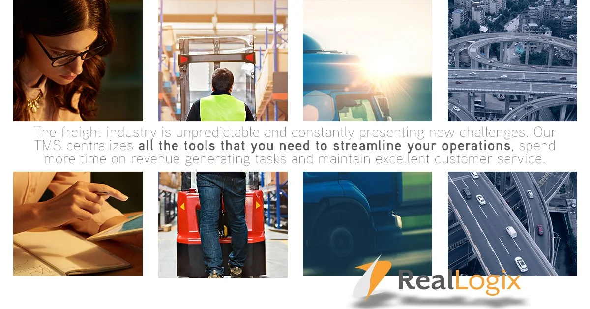 Collage of images related to freight industry including a woman with glasses, a warehouse worker with a yellow safety vest, a truck's front view with sunlight, a city highway interchange, a person using a tablet, a worker pushing a pallet jack, a semi-truck, and an aerial view of highways and cars. Text overlay discusses tools for streamlining freight operations by Reallogix.